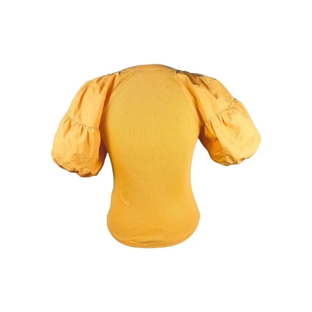 Ulla Johnson Harlowe Marigold Orange Ribbed Cotton Poplin Puff Sleeve Top P XS